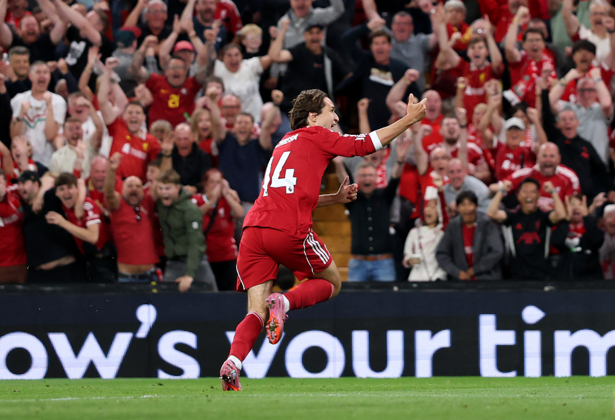LIVERPOOL, ENGLAND - AUGUST 15: Italy international Federico Chiesa (of Liverpool) celebrates scoring his team's third goal during the Premier League match between Liverpool and Bournemouth at Anfield on August 15, 2025 in Liverpool, England. (Photo by Michael Steele/Getty Images)