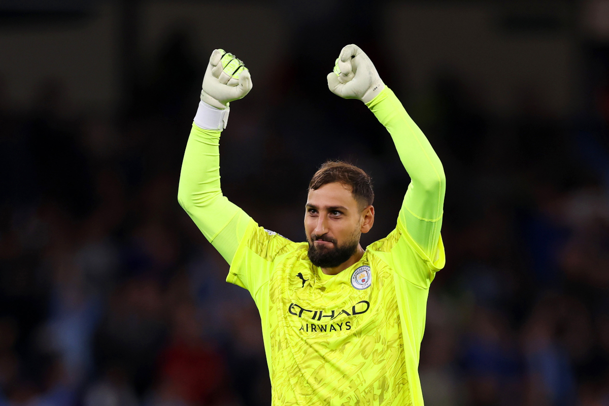 MANCHESTER, ENGLAND - SEPTEMBER 18: Gianluigi Donnarumma of Manchester City celebrates his team's second goal scored by teammate Jeremy Doku (not pictured) during the UEFA Champions League 2025/26 League Phase MD1 match between Manchester City and SSC Napoli at City of Manchester Stadium on September 18, 2025 in Manchester, England. (Photo by Ryan Pierse/Getty Images)